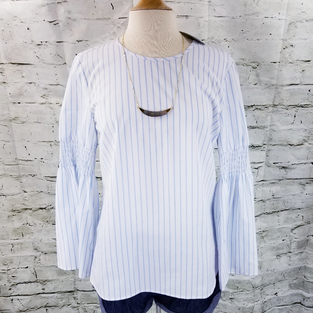NWT Michael Kors Blue Stripe Bell Sleeve Cotton Blouse Top NEW M
